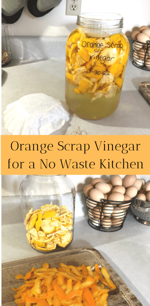Gallon mason jar of orange scrap vinegar on a counter next to a coffee filter and rubber band. 