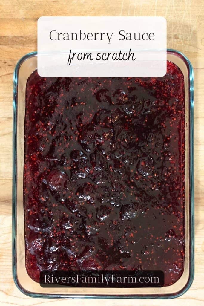 Molded cranberry sauce in a glass dish. The title is "Cranberry Sauce from scratch by Rivers Family Farm."