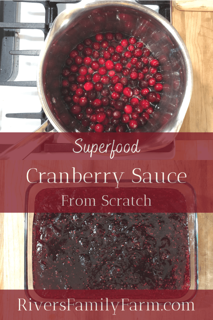A stainless steel saucepan with cranberries and sugar water sitting on top of the stove. A second picture of finished cranberry sauce in a glass dish is included.