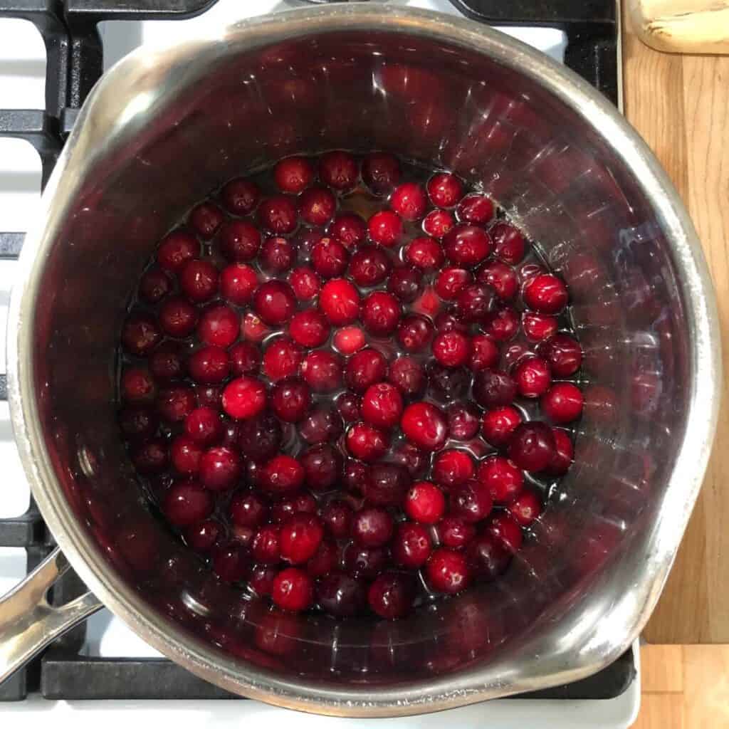 Cranberries in sugar water in a stainless-steel medium saucepan on top of the stove. 