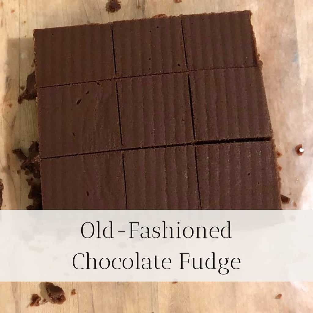 Nine square pieces of old-fashioned chocolate fudge on wax paper. The title is "Old-Fashioned Chocolate Fudge."