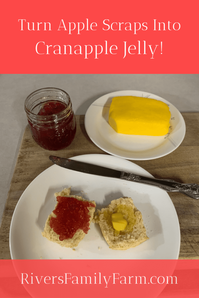 A mason jar of cranapple jelly sitting next to homemade butter on a white plate and another white plate with a biscuit cut in half. Butter is melting on one half and cranapple butter is spread on the other half. The plates and mason jar are sitting on a wooden cutting board on the counter. A knife is resting on the biscuit plate.