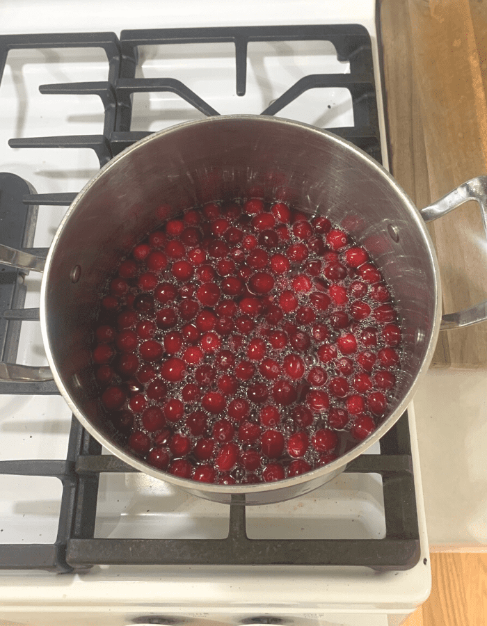 Cranberries and apple juice simmering in a large pot on the stove.