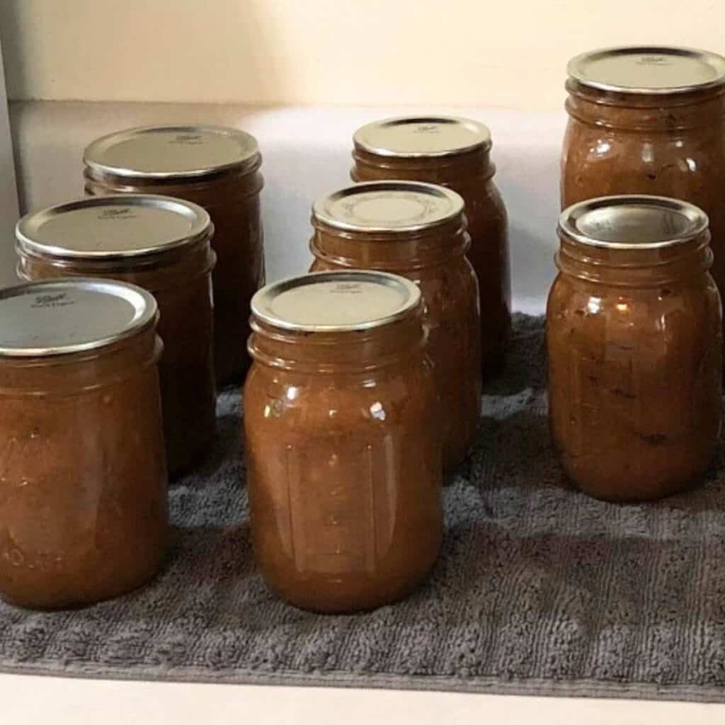 Several mason jars of apple butter sitting on a grey towel on the kitchen counter.