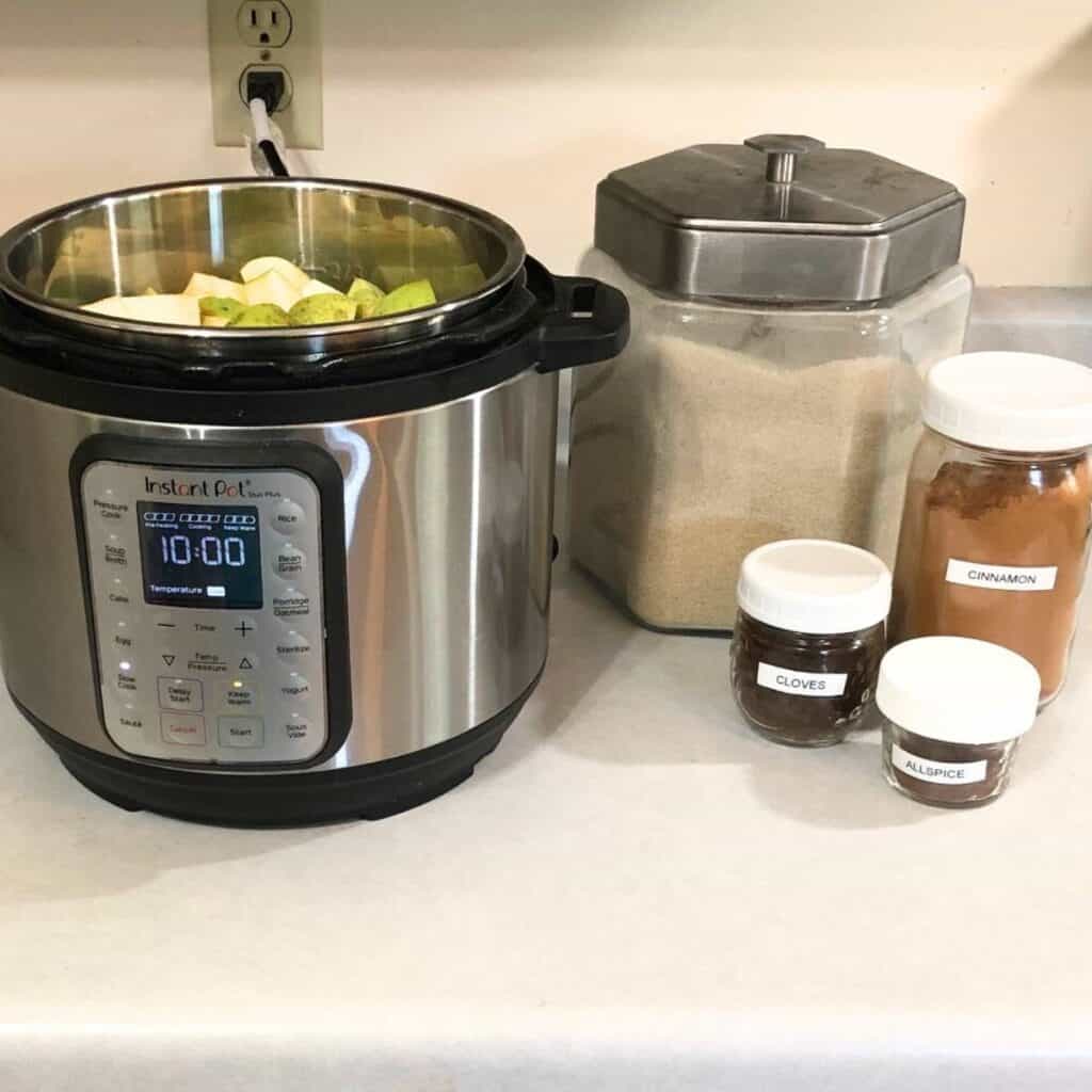 An instant pot with cut apples filling it, a glass canister of organic sugar, and glass mason jars of ceylon cinnamon, ground cloves, and ground allspice sitting on the kitchen counter.