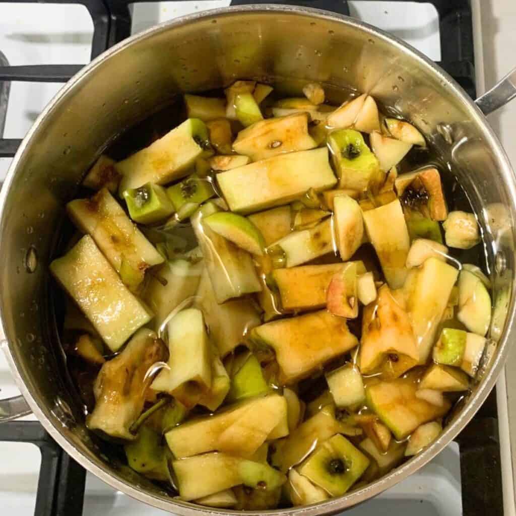 Three quarts of apple cores in a large pot on a gas stove. Three quarts of water are also in the pot.