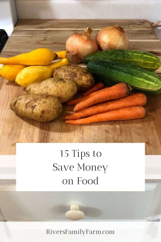 Potatoes, carrots, squash, cucumbers, and onions sitting on a wood cutting board. The title is "15 Tips to Save Money on Food" by Rivers Family Farm.