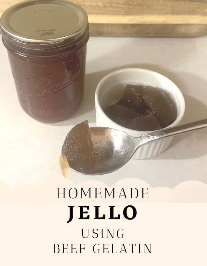A mason jar of grape juice next to grape jello with the title "Homemade Jello Using Beef Gelatin."