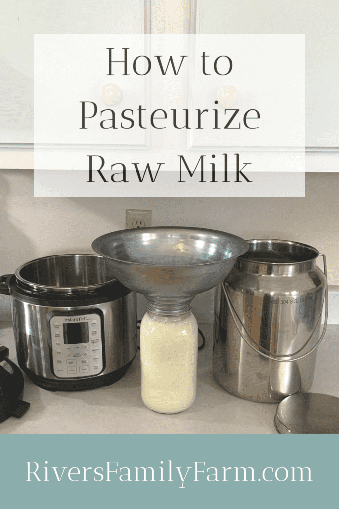 A half-gallon mason jar filled with raw milk with a stainless steel funnel sitting inside. It's sitting next to a large stainless steel milk pail with lid and an instant pot. All are sitting on a kitchen counter.