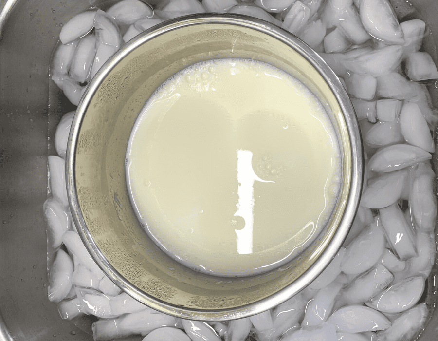 The stainless steel Instant Pot insert full of pasteurized milk in a sink full of ice water.