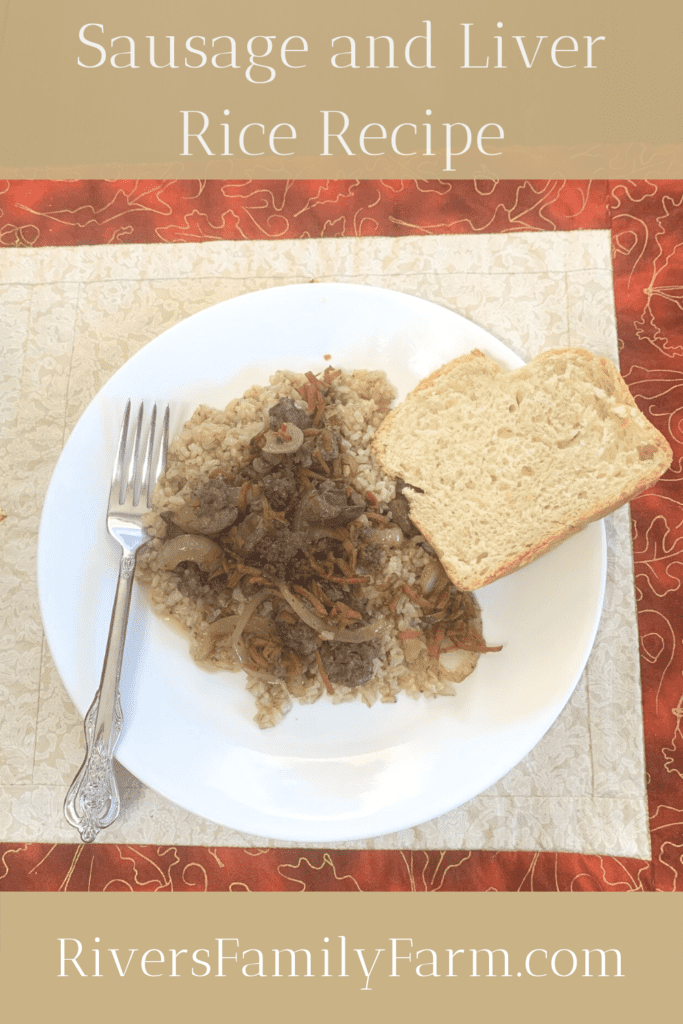 Sausage and liver recipe over a bed of brown rice with a slice of bread and a silver fork on a white plate. The plate is on a fall themed quilted place mat.