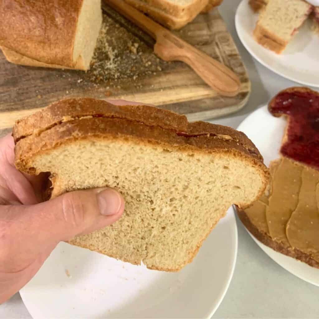 Woman holding up a thin-sliced peanut butter and jelly sandwich made with easy sandwich bread.