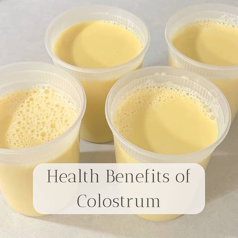 Four quarts of thick, yellow bovine colostrum sitting on a kitchen counter. The title is "Health Benefits of Bovine Colostrum."