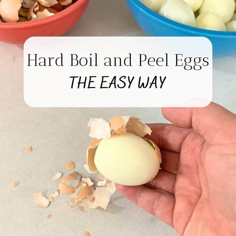 Woman holding and peeling a hard boiled egg. The title is "Hard Boil and Peel Eggs The Easy Way."