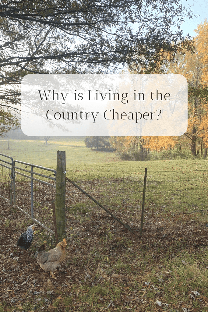 Picture of a farm pasture with rolling hills and a metal gate with two chickens walking by. The title is Why is Living in the Country Cheaper?
