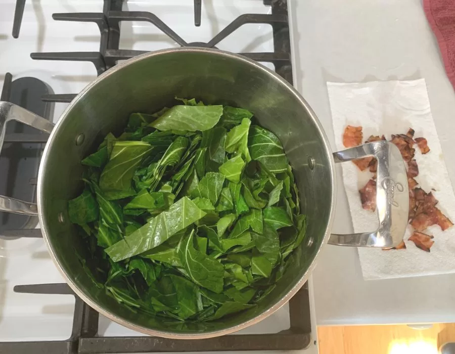 Collard greens that have wilted down after cooking in a large stainless steel pot on the stove. Southern Black Eyed Peas and Collard Greens.