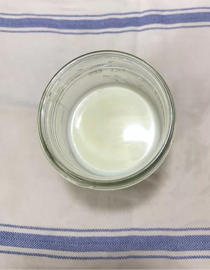 Day 0 of How Long Can Cow Milk Sit Out showing fresh, raw milk in a pint jar on a white towel with blue stripes.