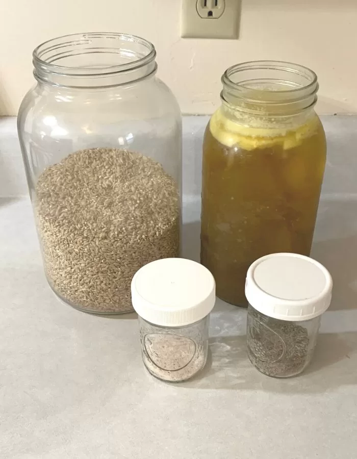 Large glass jars of rice and chicken bone broth along with small glass jars each with salt and pepper.