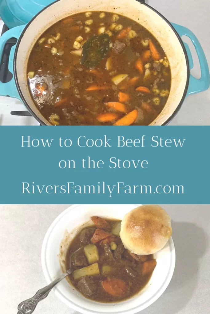 Beef stew in a blue pot with the title "How to Cook Beef Stew on the Stove" by Rivers Family Farm.