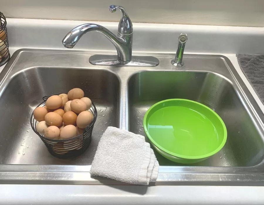Farm eggs in a basket in the sink next to a green bowl filled with water.