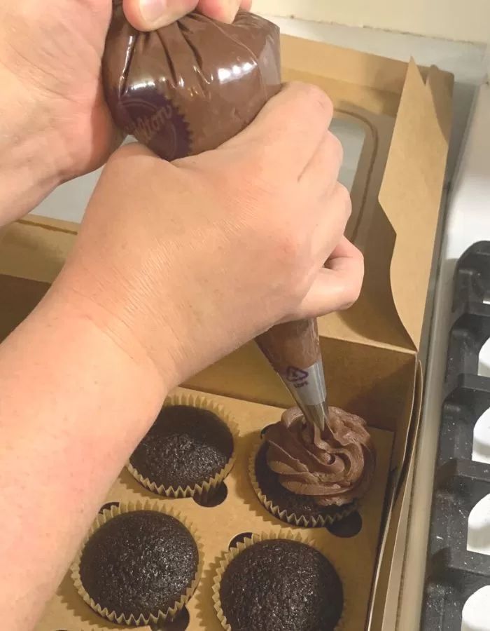 Woman piping chocolate icing onto chocolate cupcakes in bakery box.