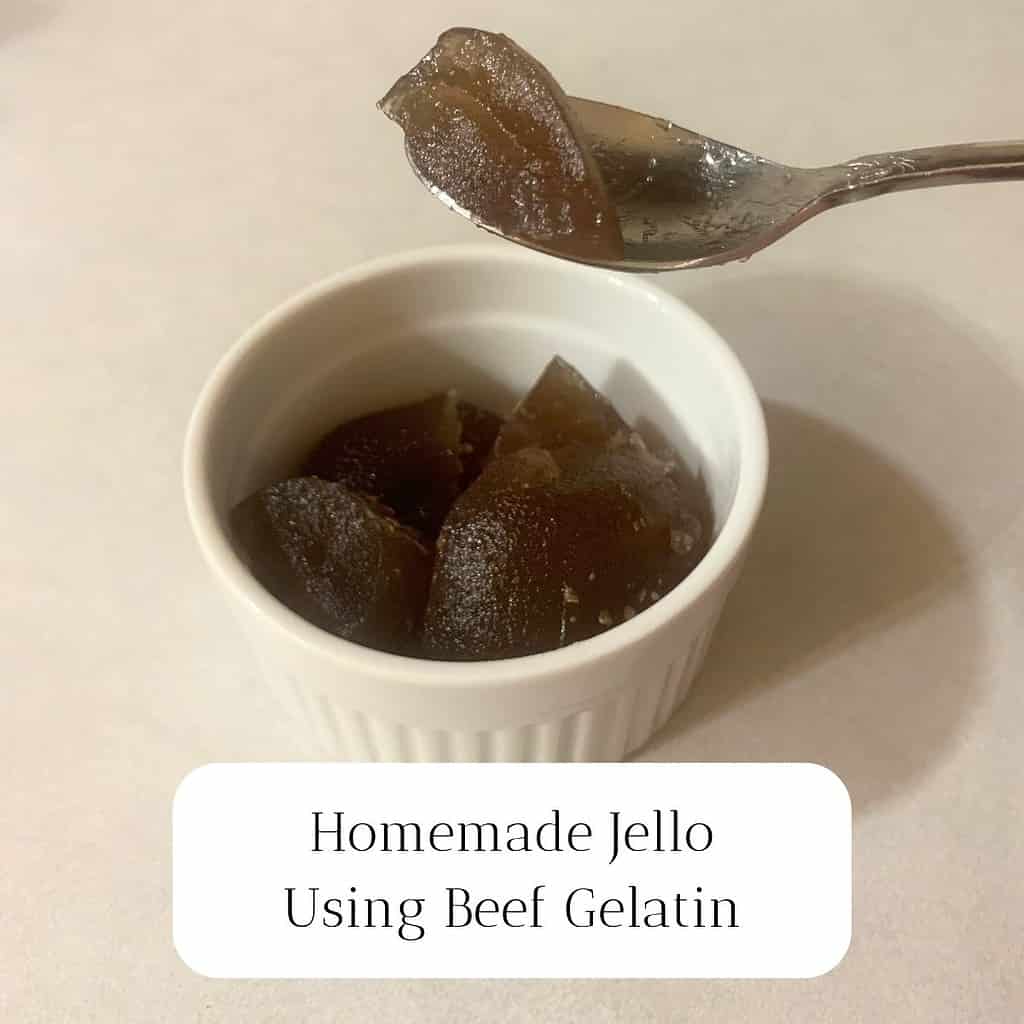 Grape jello in a white ramekin with a woman lifting a spoonful of jello up. The title is "Homemade Jello Using Beef Gelatin."