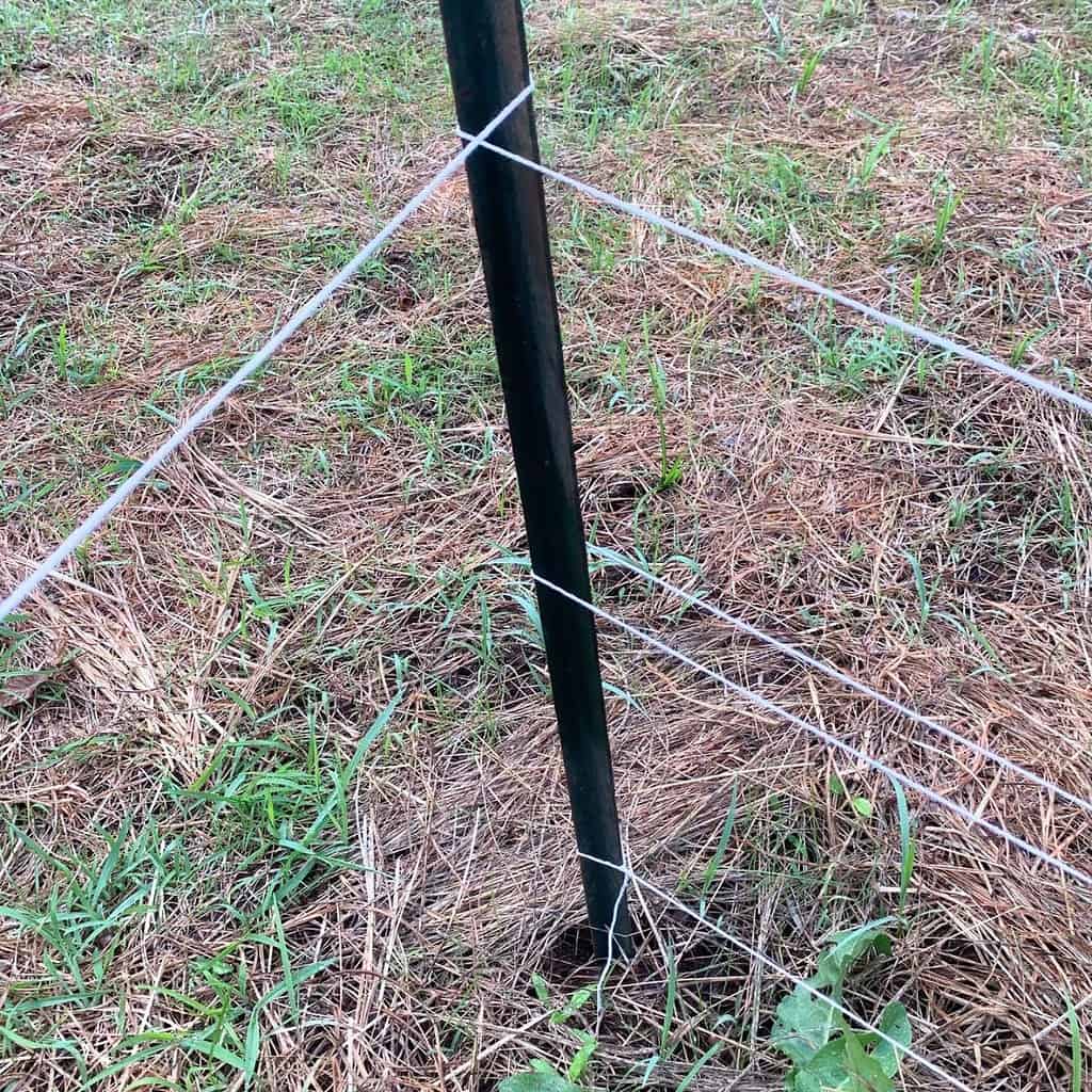 A green fence post with white cotton string wrapped around it every eight inches.