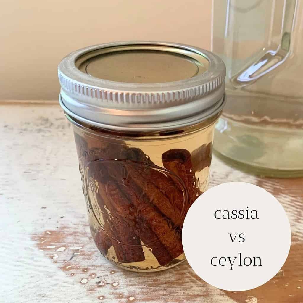 Cinnamon sticks inside a half-pint mason jar filled with vodka and topped with a lid. The title is "cassia vs ceylon."