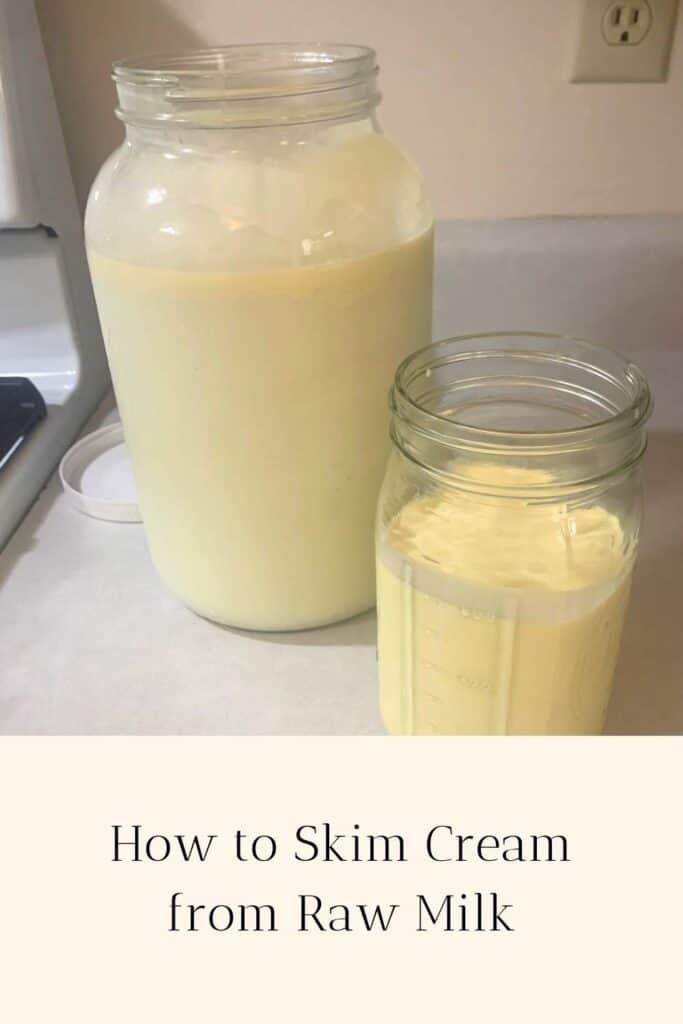 A gallon glass jar of raw milk next to a quart glass jar of heavy cream. The title is "How to Skim Cream from Raw Milk."