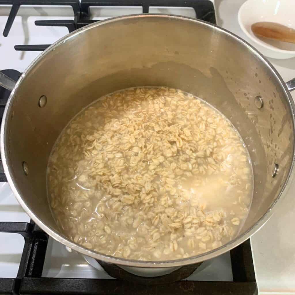 A large stainless steel pot on a gas stove. The pot has 2 cups of uncooked rolled oats and 4 cups of water.