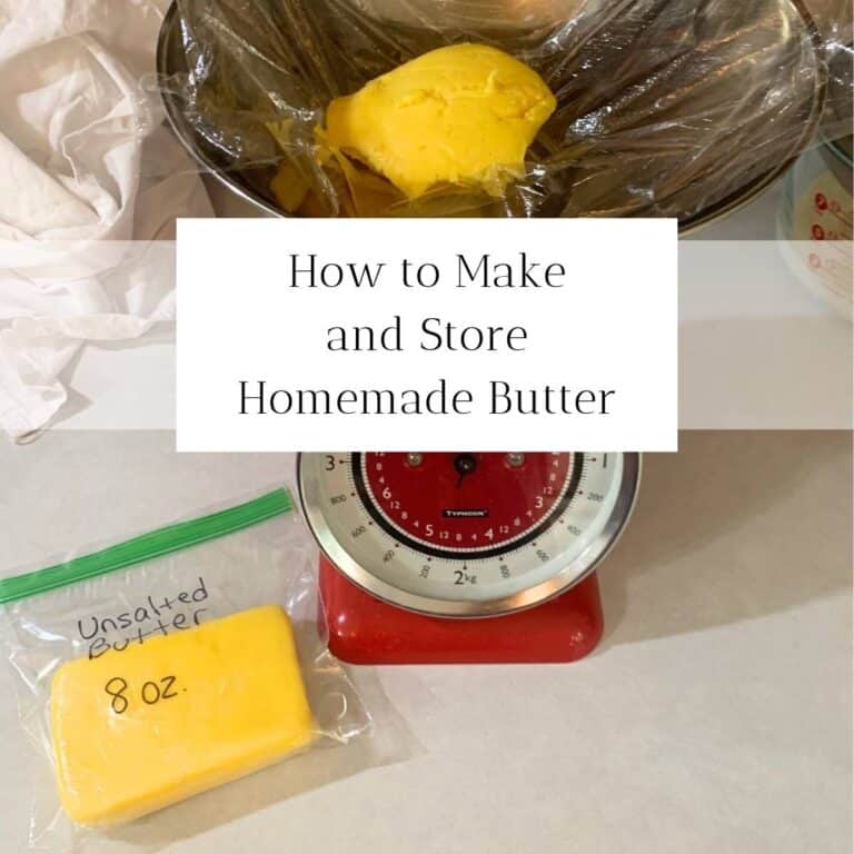 Homemade butter in a red, mechanical kitchen scale and an eight-ounce block of homemade butter in a freezer bag on the counter. The title is "How to Make and Store Homemade Butter" by Rivers Family Farm.