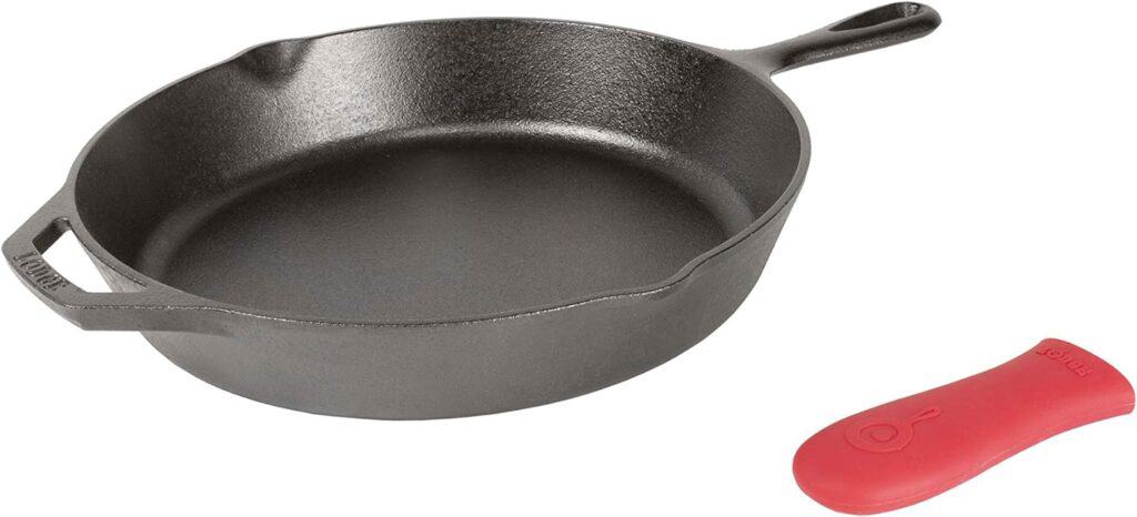 Lodge cast iron skillet with red silicone handle cover.