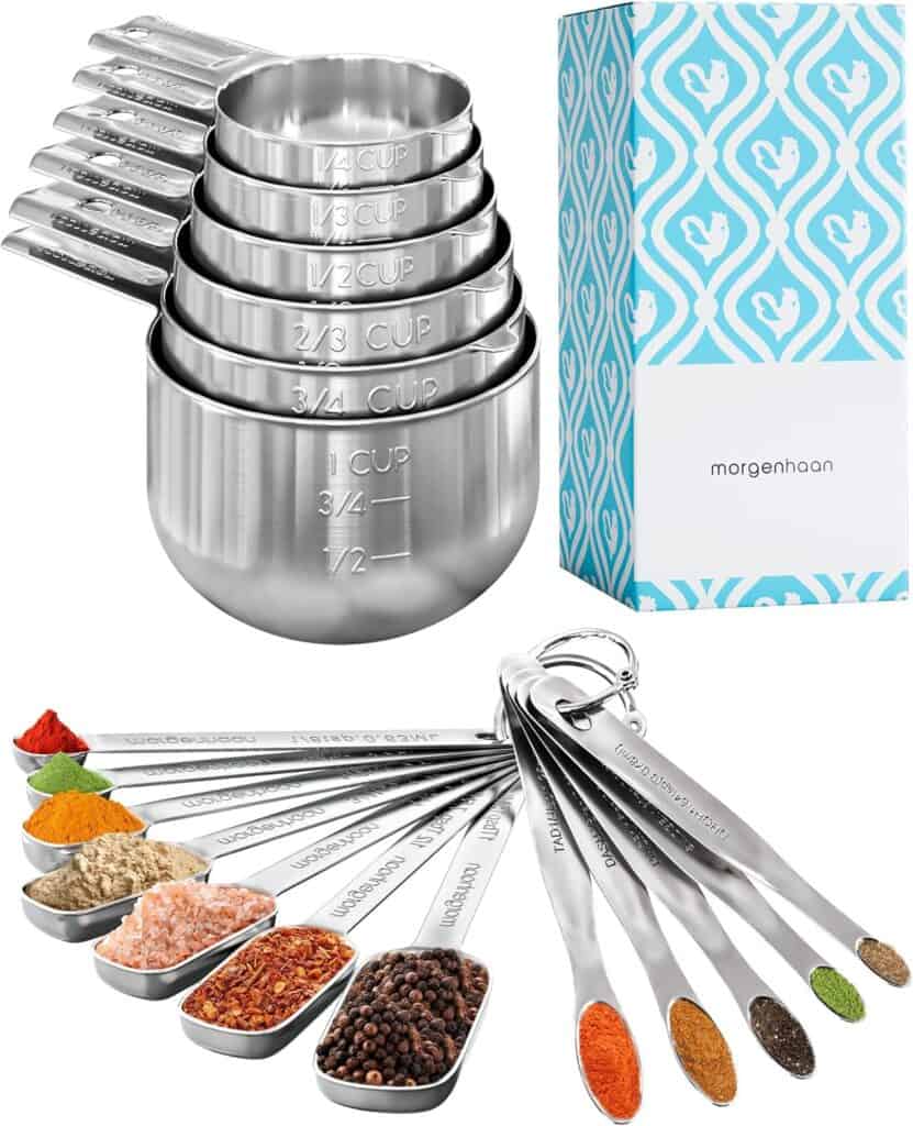 Stainless steel measuring cup set and measuring spoon set.