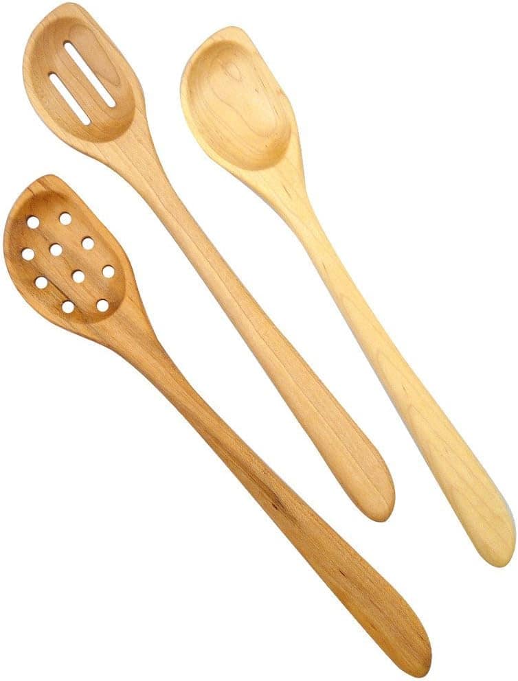 Set of three wood spoons, two are slotted spoons.