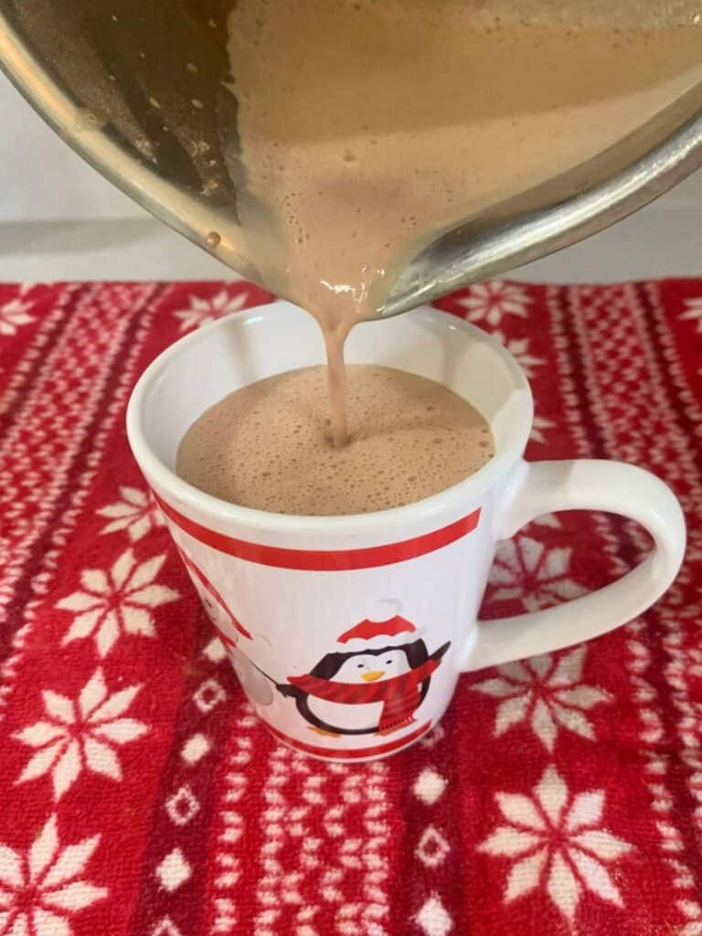 Woman pouring hot chocolate from a stainless steel pot into a white mug with a red stripe and a black and white penguin on it. The mug is sitting on a red and white winter snowflake kitchen towel.