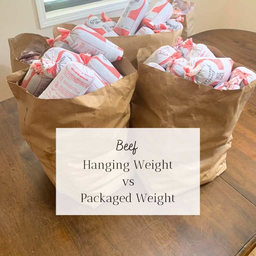 Brown paper grocery bags filled with frozen ground beef packages is sitting on a wooden kitchen table. The title is "Beef Hanging Weight vs Packaged Weight."