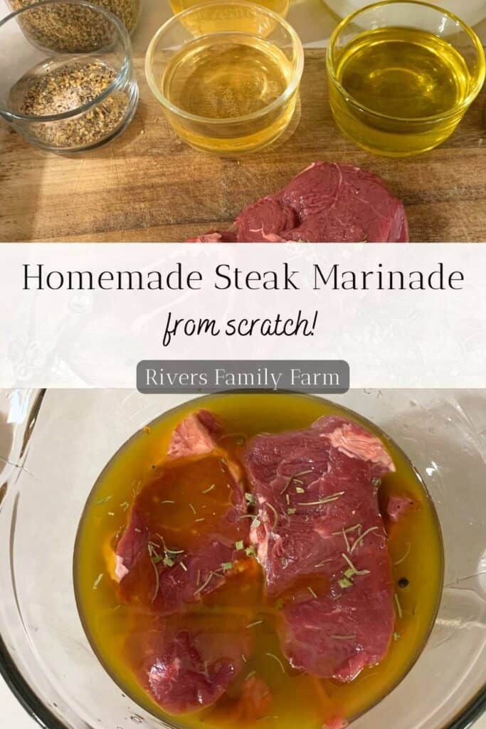 Beef steaks in a large glass measuring cup covered with marinade. Three jars of ingredients are off to the side. The title is "Homemade Steak Marinade from scratch" by Rivers Family Farm.