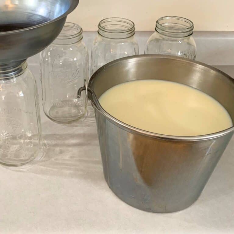 A large stainless steel milk pail full of milk next to glass mason jars on a counter.