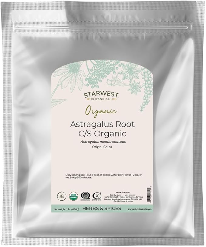 Package of cut up organic astragalus root.