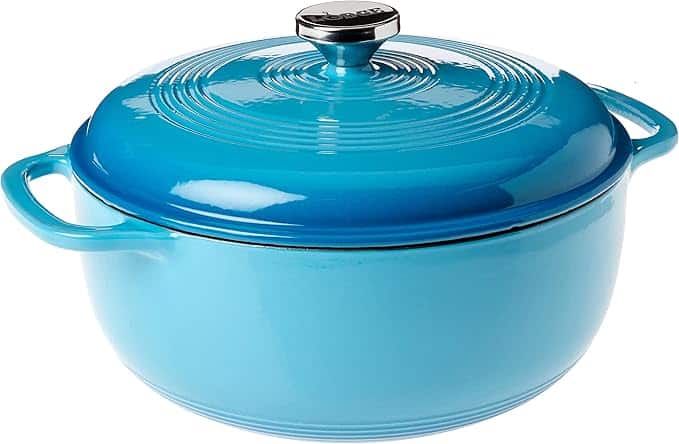 Light blue Lodge enameled cast iron Dutch oven.