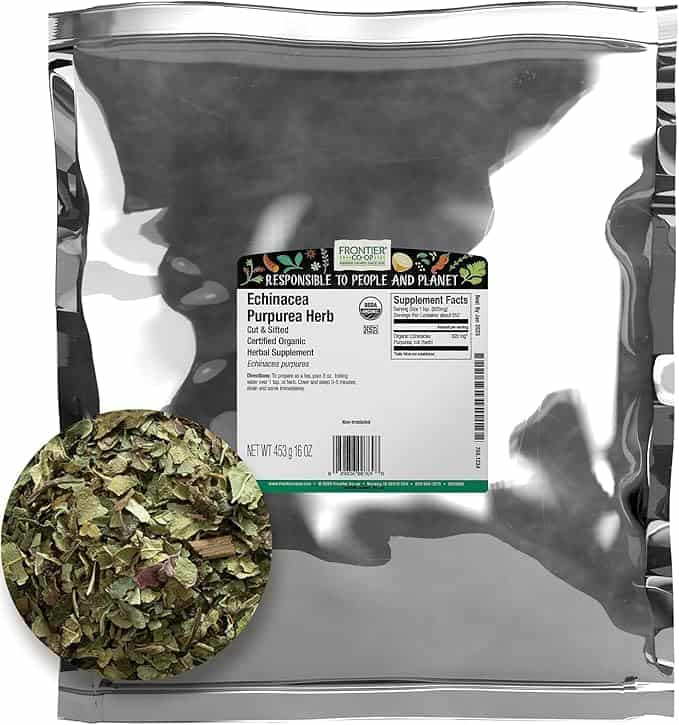 Silver package of loose leaf organic echinacea purpurea herb.