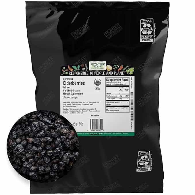 Black package of dried, organic elderberries.