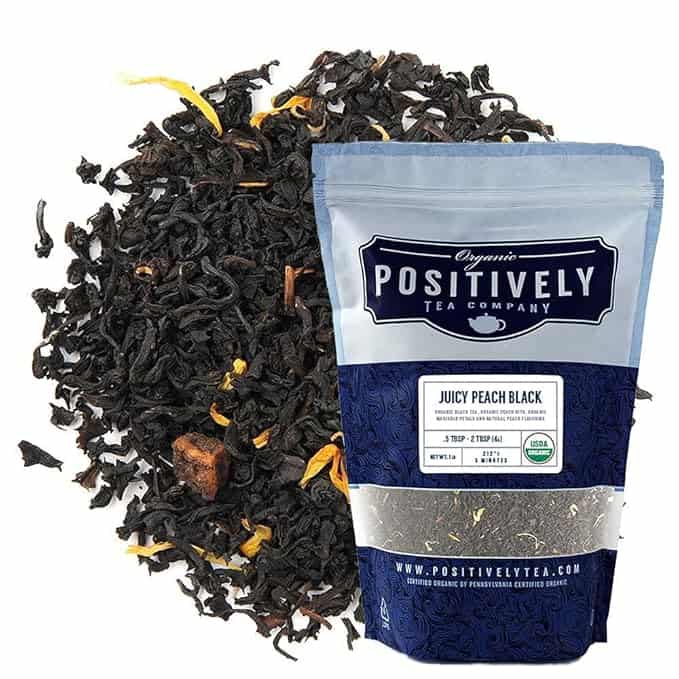 Package of Positively Tea Company organic juicy peach black tea.