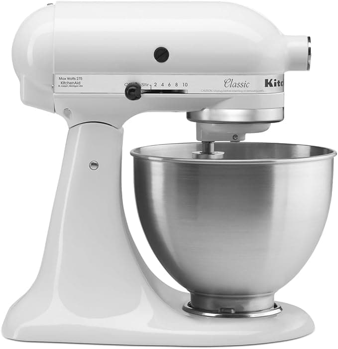 White KitchenAid stand mixer.