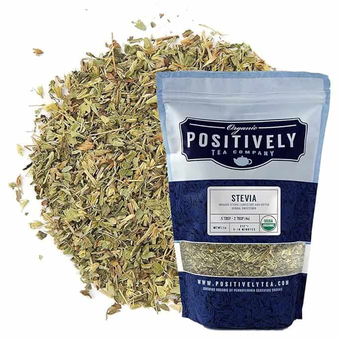 Package of Positively Tea Company organic stevia leaves.