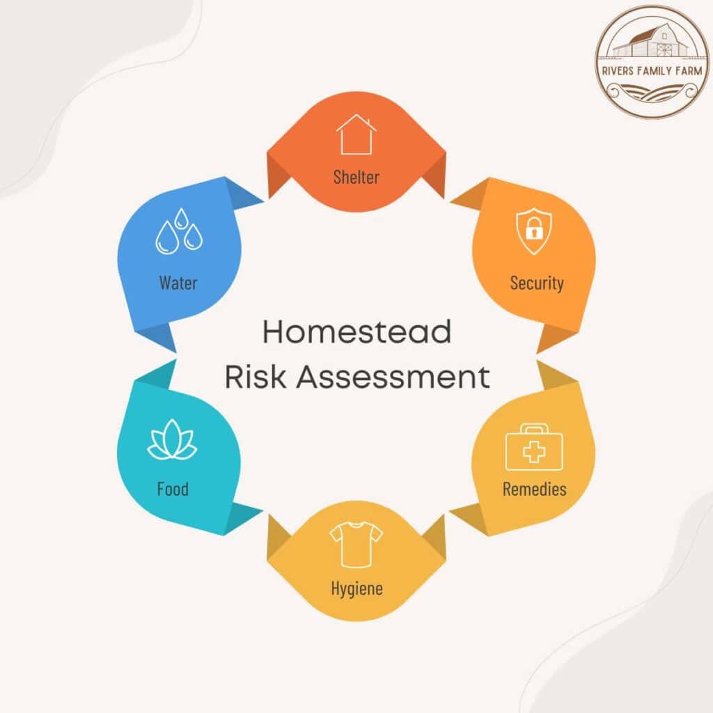 Homestead Risk Assessment Dimensions including Shelter, Water, Food, Hygiene, Remedies, and Security.