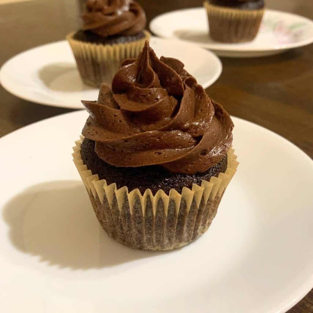 A chocolate cupcake with chocolate frosting sitting on a white plate.