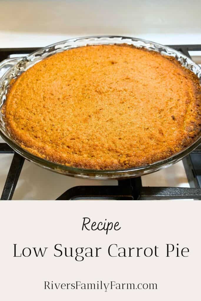 Carrot pie sitting on a gas stove. The title is "Recipe Low Sugar Carrot Pie" by Rivers Family Farm.