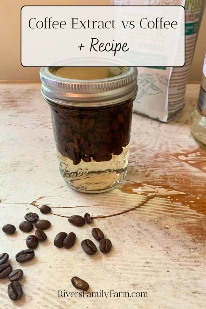 A small mason jar of coffee extract sitting on a white chipped table with coffee beans spilled out and a bag of coffee beans. The title is "Coffee Extract vs Coffee plus Recipe" by Rivers Family Farm.