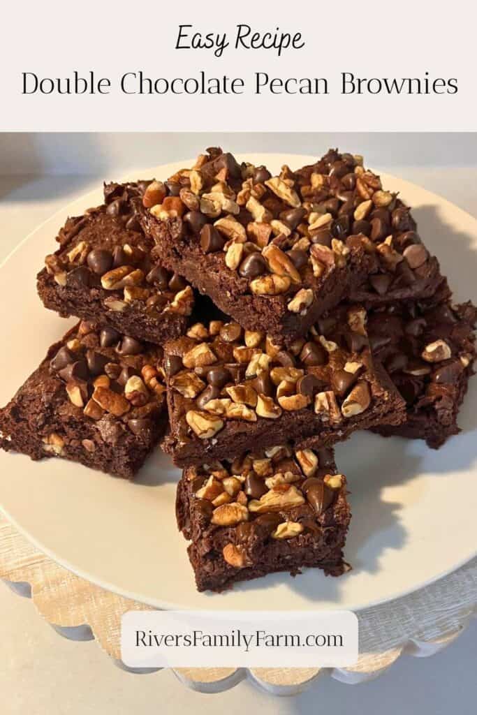 A platter of stacked double chocolate pecan brownies sitting on a white plate on a white cake stand with a scalloped edge. The text overlay is "Easy Recipe Double Chocolate Pecan Brownies" by Rivers Family Farm.